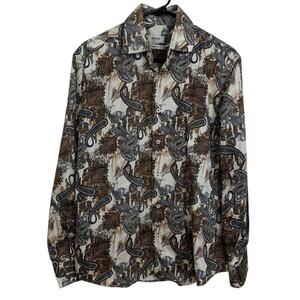 Kenzo Paris Slim Fit Dress Shirt Mens 39 15 Brown Paisley Long Sleeve Button Up